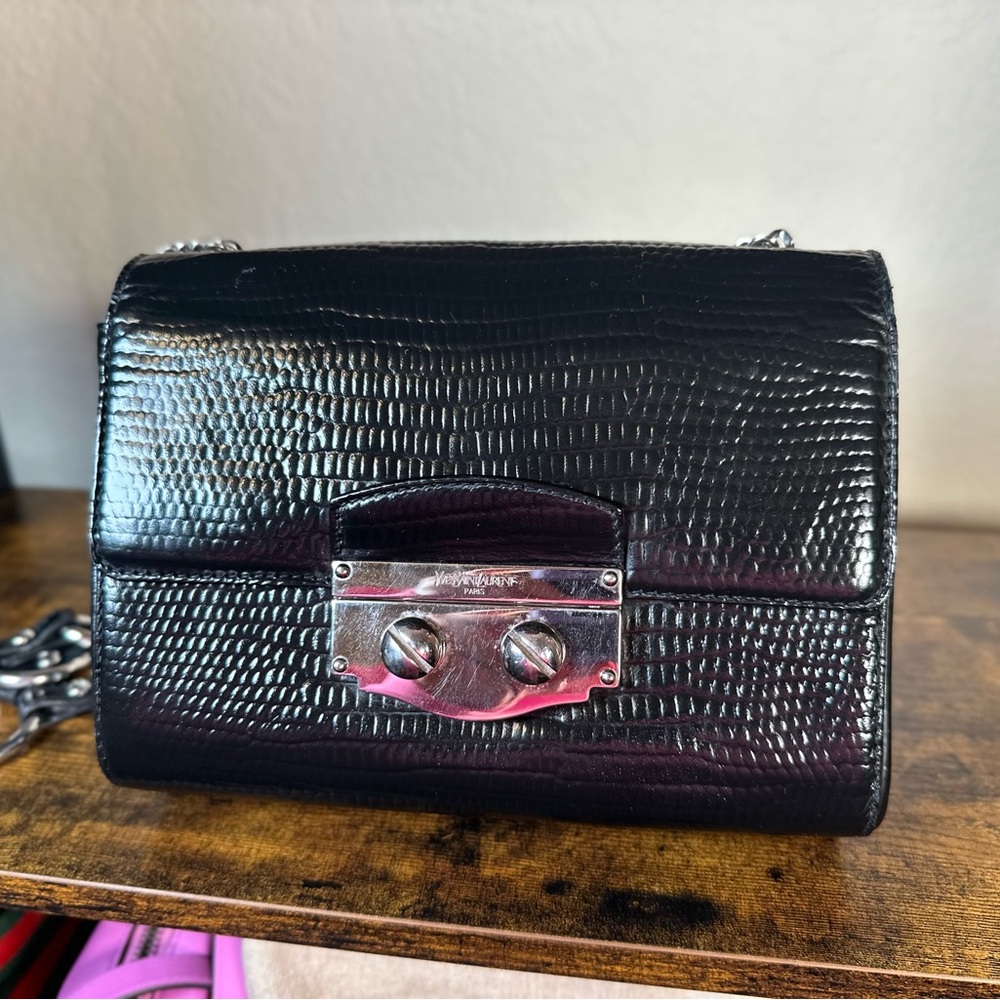 YSL Yves Saint Laurent Black Leather Embossed Exotic Shoulder Bag - Picture 4 of 10